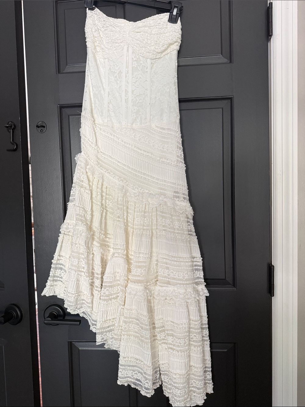 Strapless Asymmetrical Lace Maxi Dress in Ivory